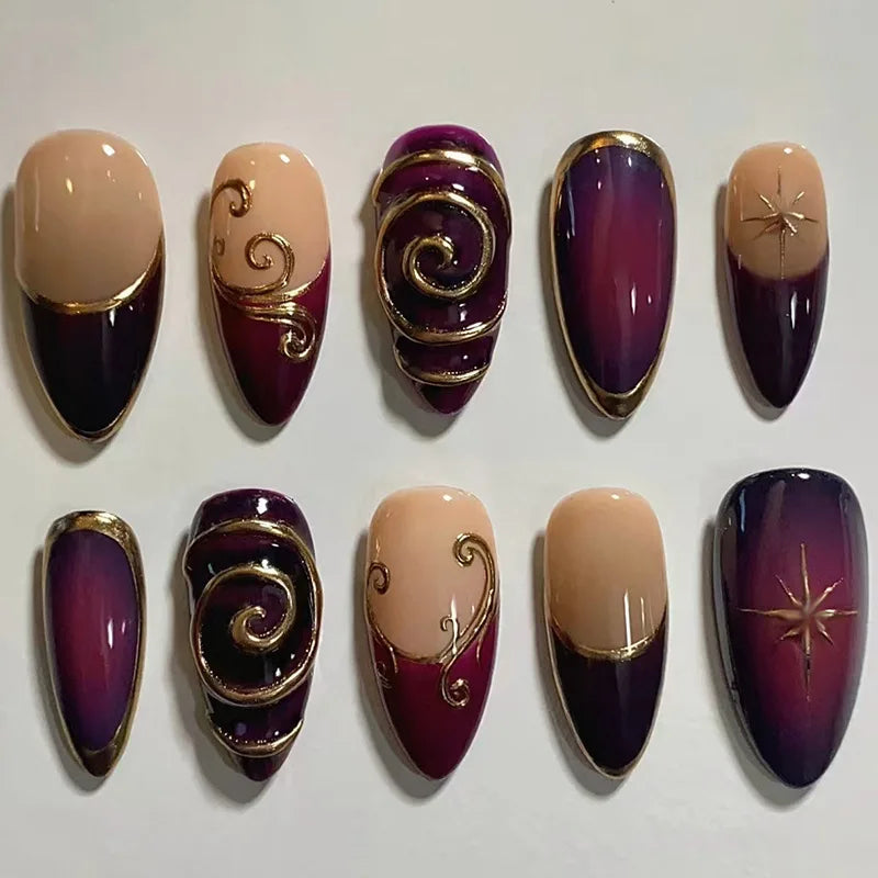 Plum and Nude Press On Nails with Gold Swirls and Ombre