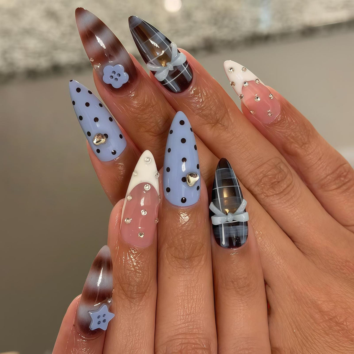 Polka Dot and Plaid Press On Nails with 3D Flowers, Bows, and Rhinestones