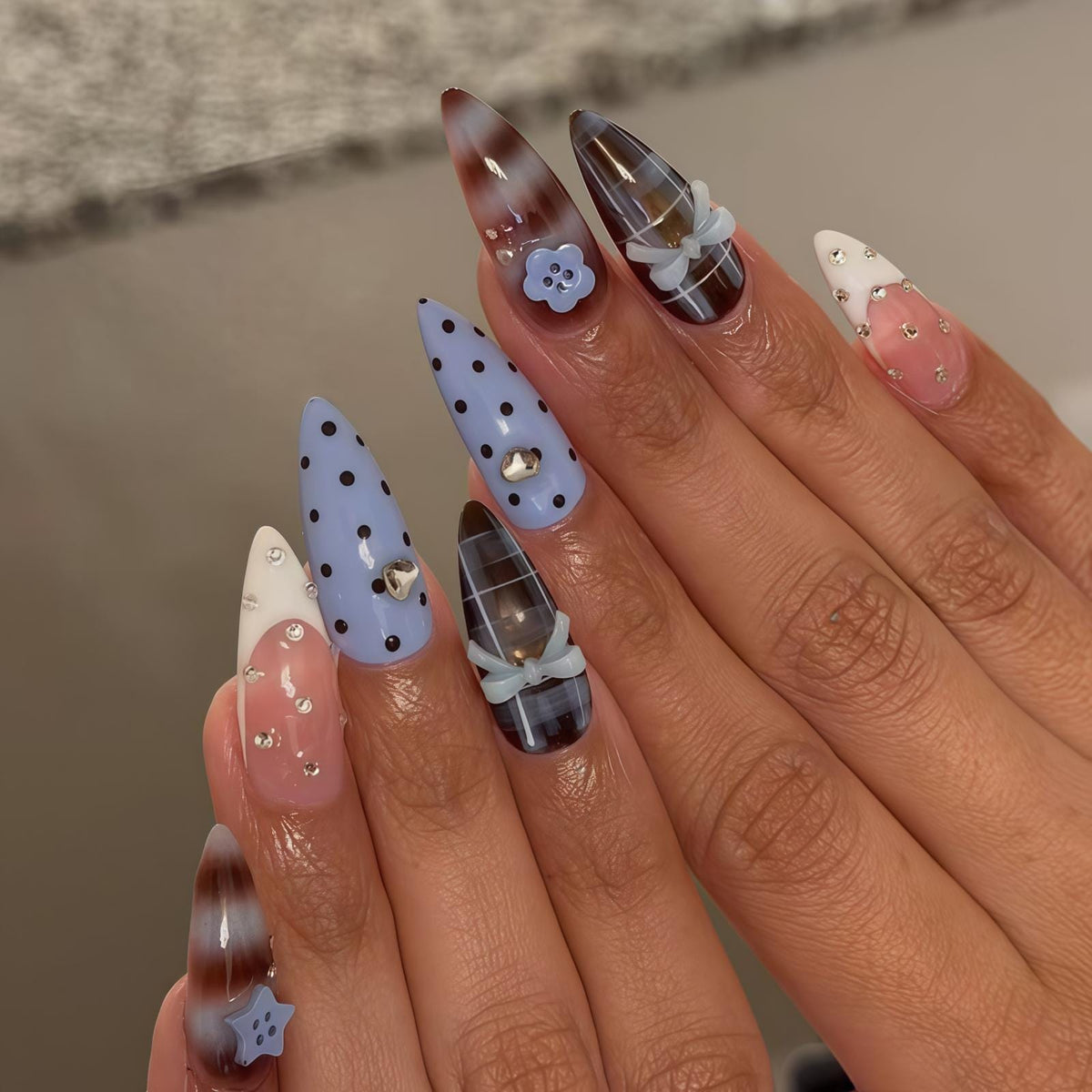 Polka Dot and Plaid Press On Nails with 3D Flowers, Bows, and Rhinestones