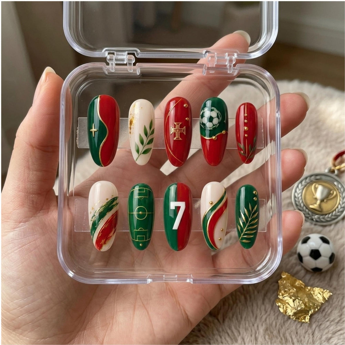 Portugal Football Nails with Number 7, Soccer Ball and Gold Accents