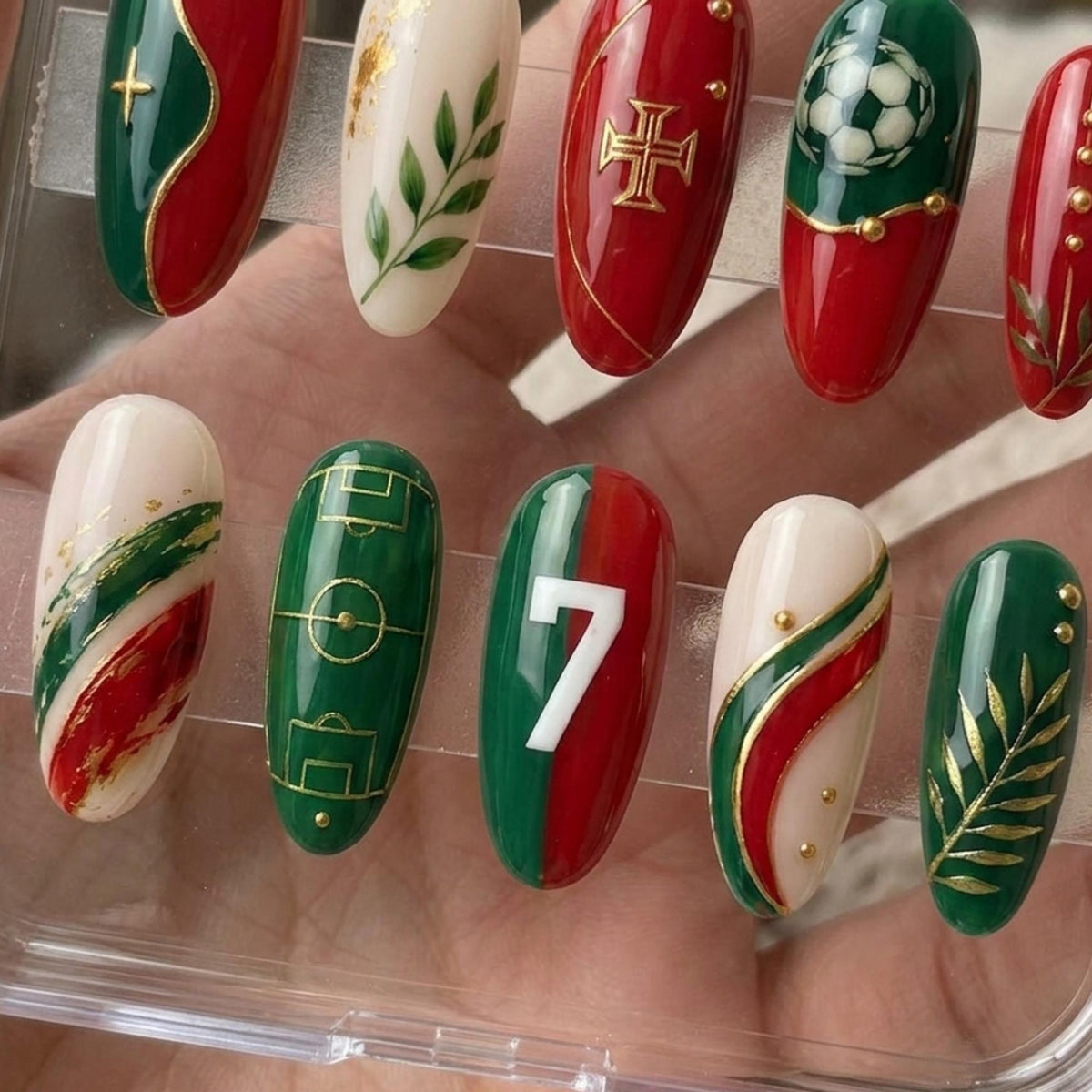 Portugal Football Nails with Number 7, Soccer Ball and Gold Accents