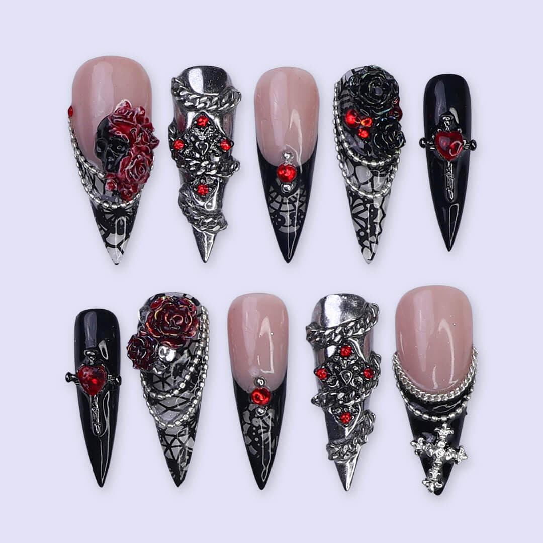 Halloween Gothic Black and Nude Nails with Red Roses, Silver Chains, and Lattice Details