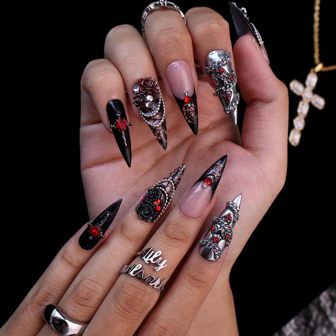 Halloween Gothic Black and Nude Nails with Red Roses, Silver Chains, and Lattice Details