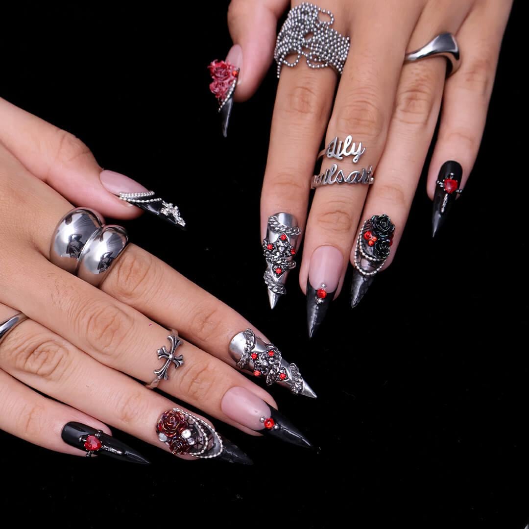 Halloween Gothic Black and Nude Nails with Red Roses, Silver Chains, and Lattice Details