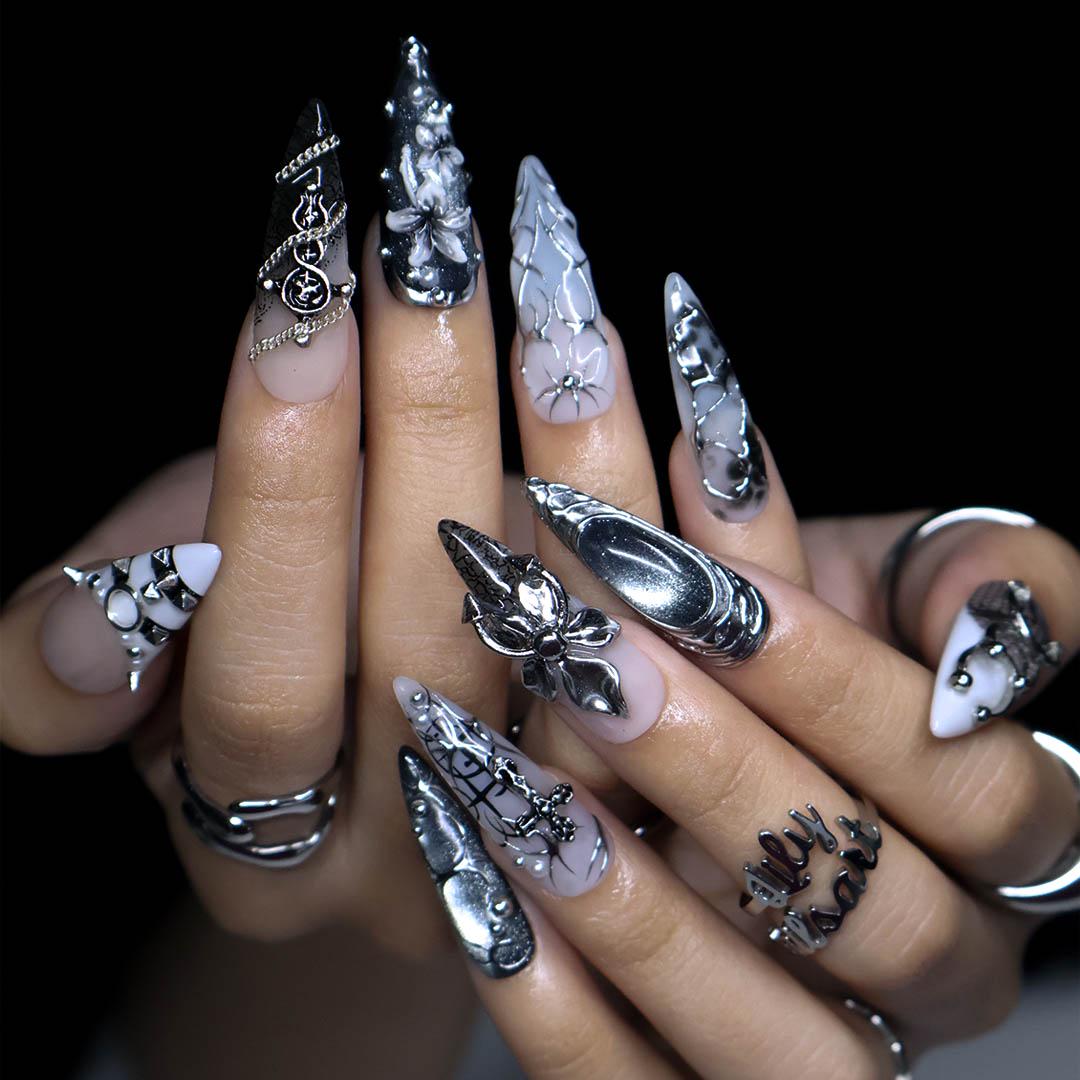 Halloween Gothic Silver Chrome Press On Nails with 3D Flowers, Chains and Piercing Details