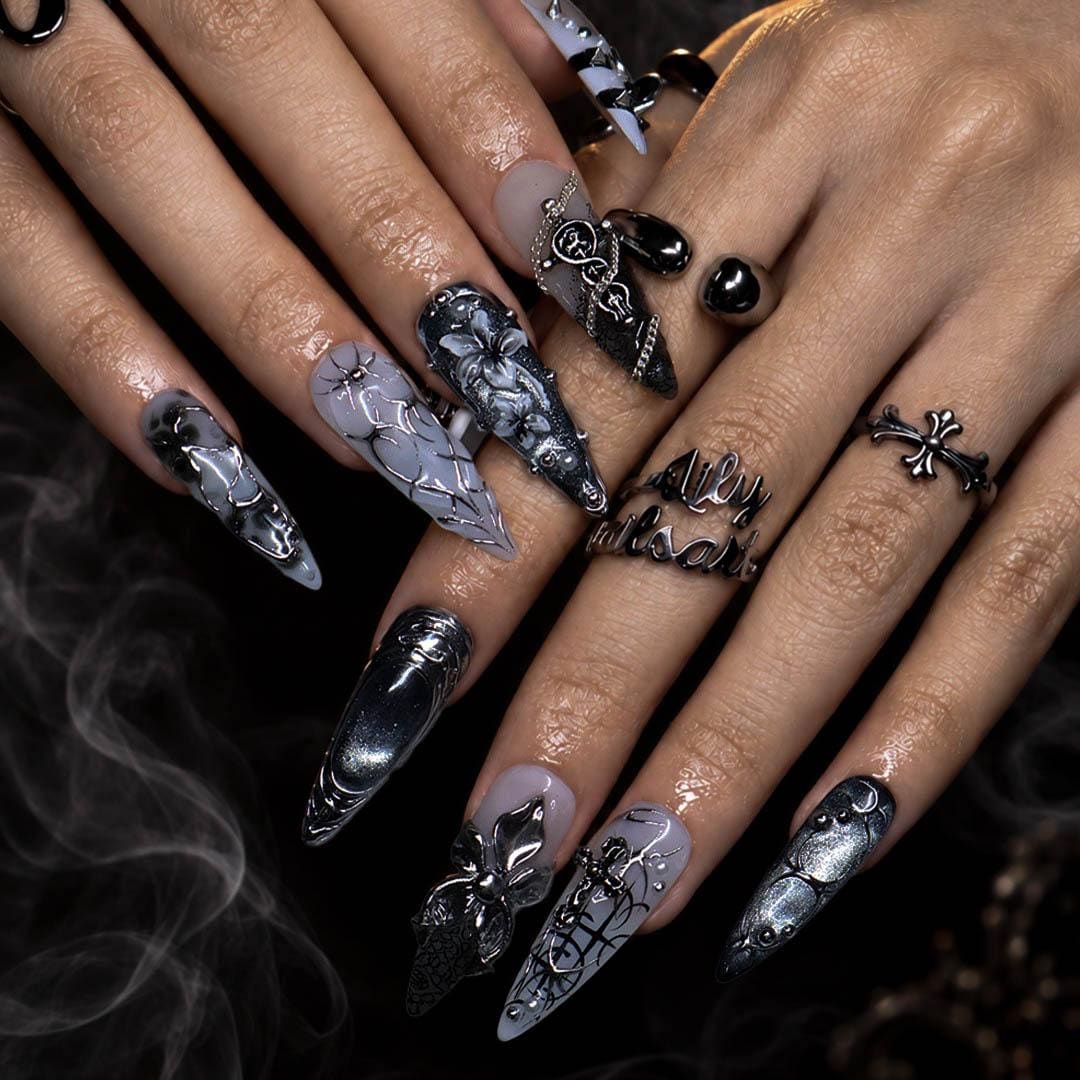 Halloween Gothic Silver Chrome Press On Nails with 3D Flowers, Chains and Piercing Details