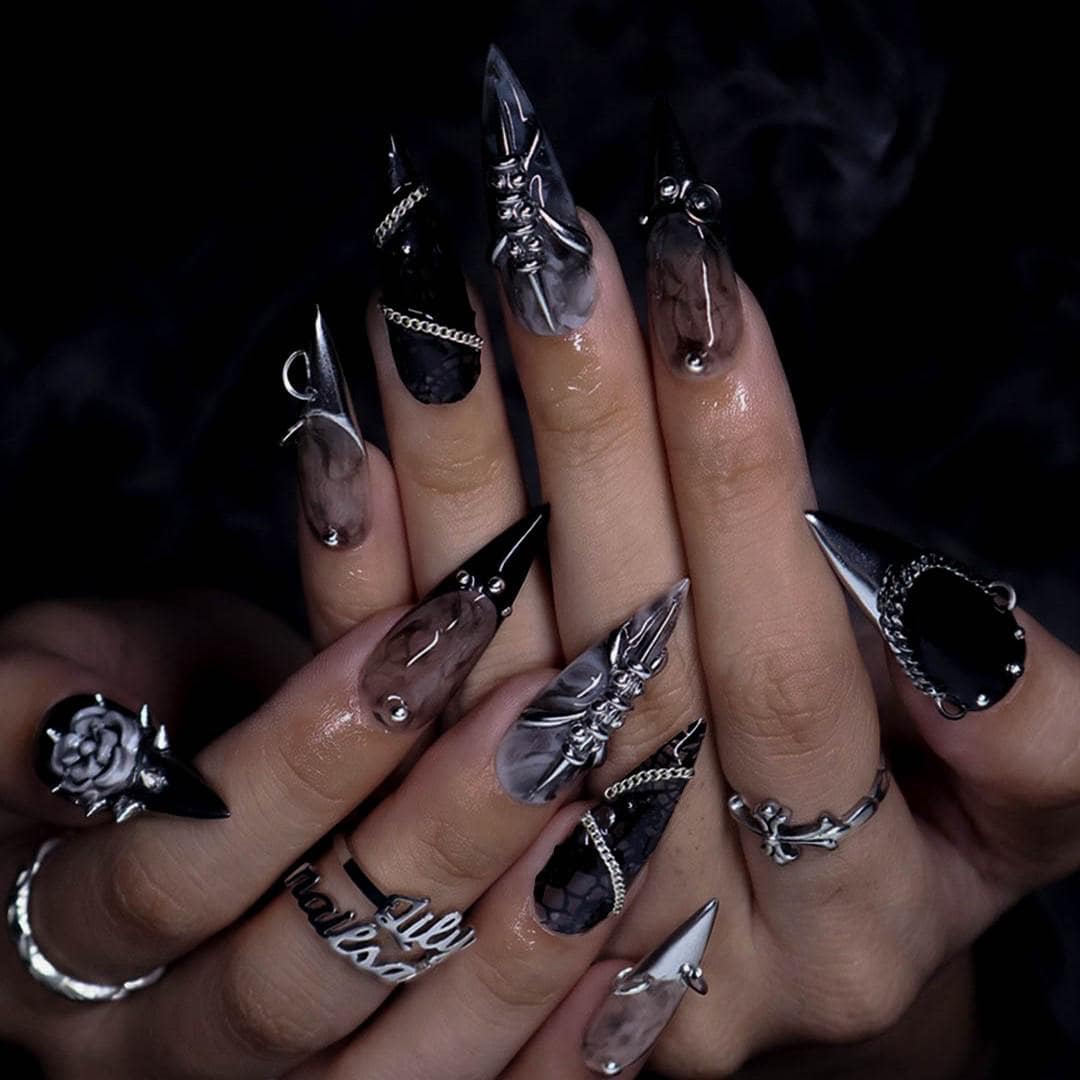Halloween Black, Smoky Taupe & Silver Chrome Gothic Nails with Chains and 3D Flower