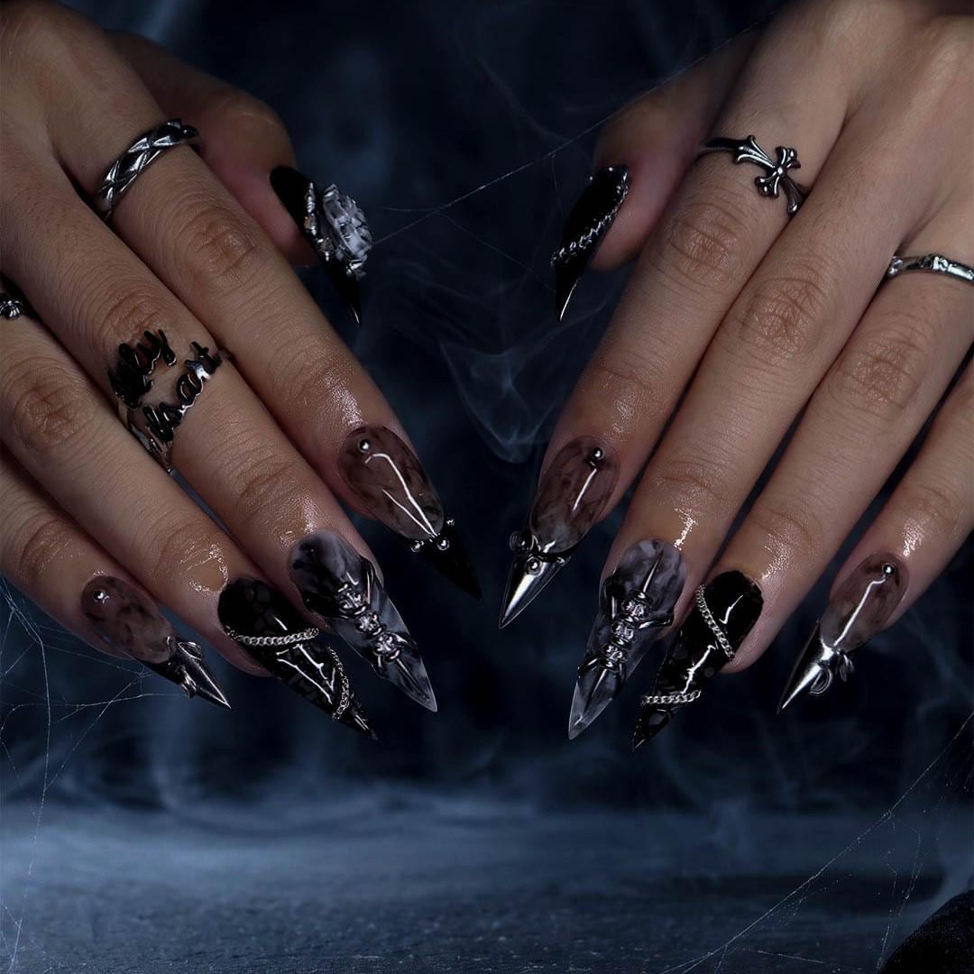 Halloween Black, Smoky Taupe & Silver Chrome Gothic Nails with Chains and 3D Flower
