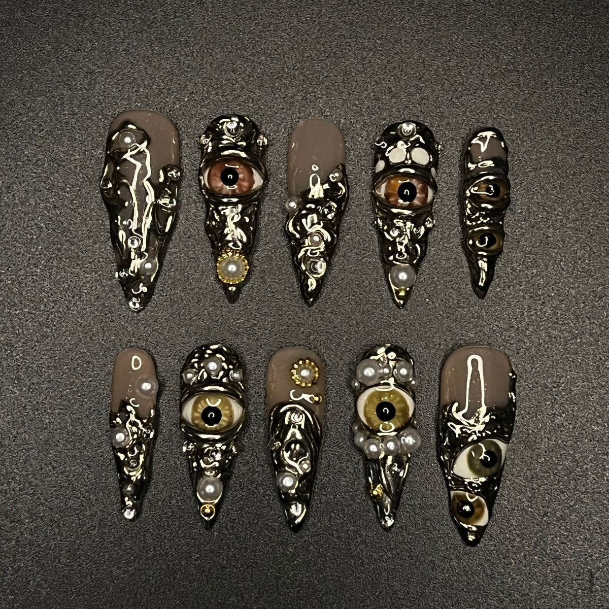Gothic Halloween Horror Eye Press-On Nail Set with Raised Filigree and Bead Details