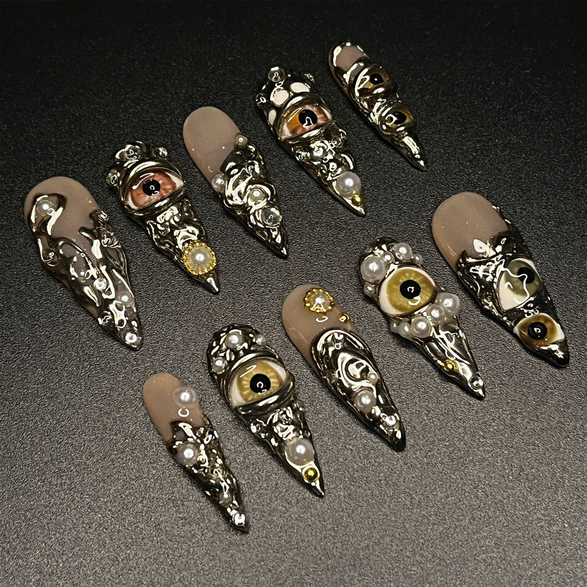 Gothic Halloween Horror Eye Press-On Nail Set with Raised Filigree and Bead Details