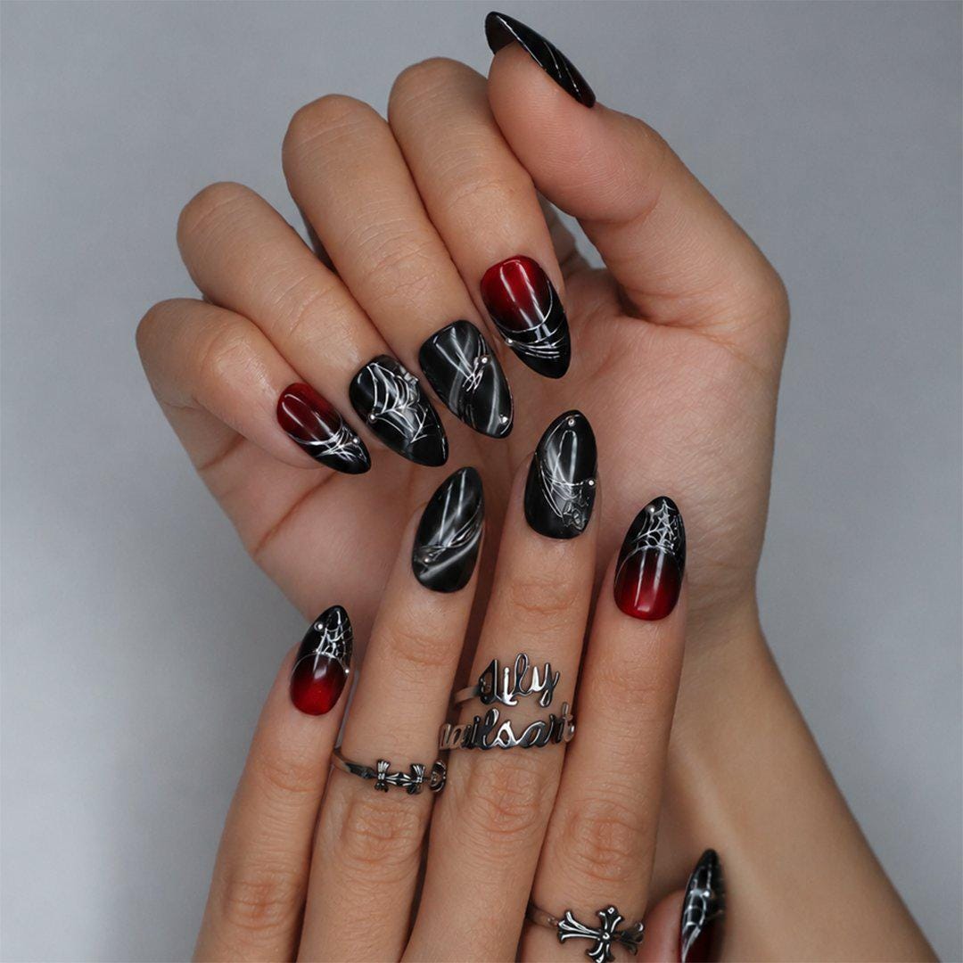Halloween Blood Red and Black Spiderweb Press-On Nails With Silver Details