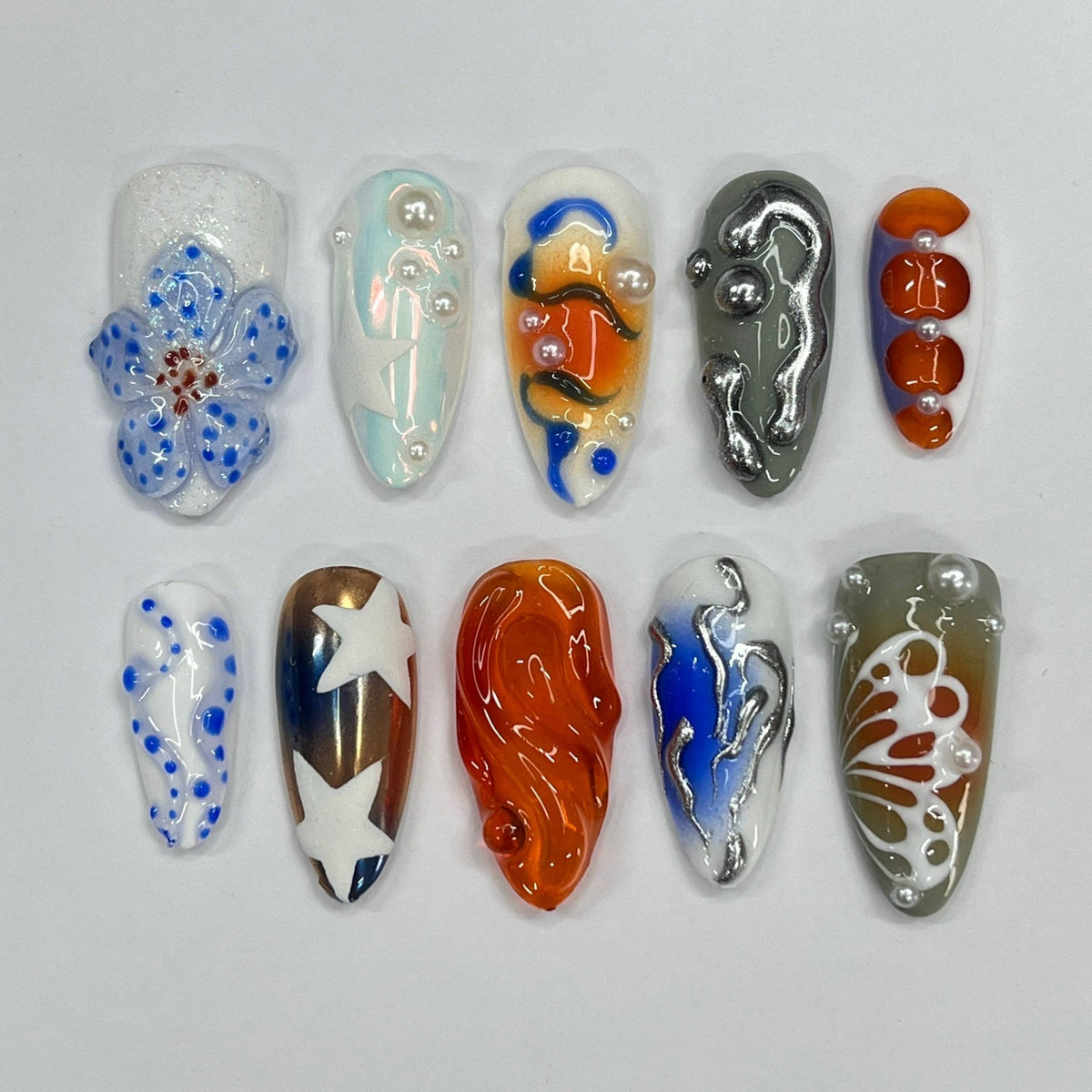 Sculptural Blue Flower and Abstract Press On Nail Set