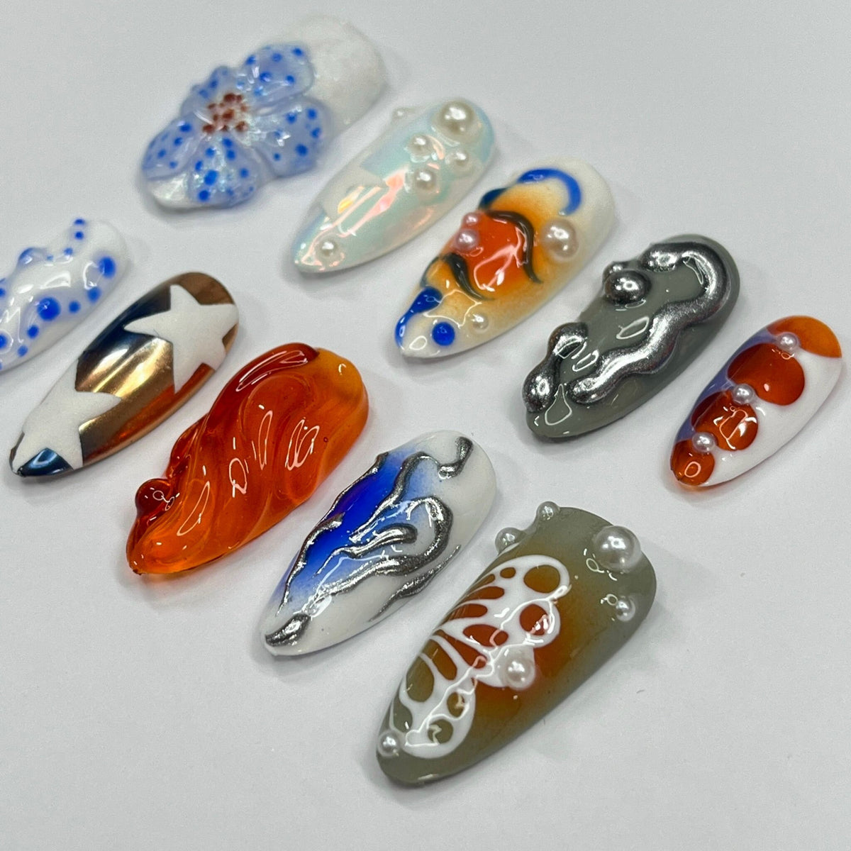 Sculptural Blue Flower and Abstract Press On Nail Set