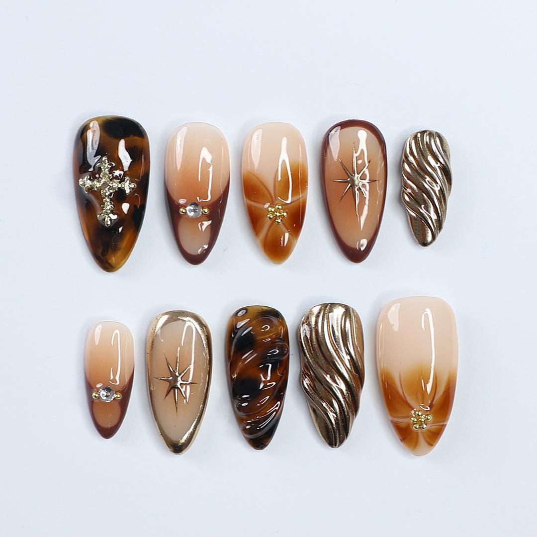 Fall Tortoiseshell and Gold Starburst Press On Nails with Raised Metallic Accents