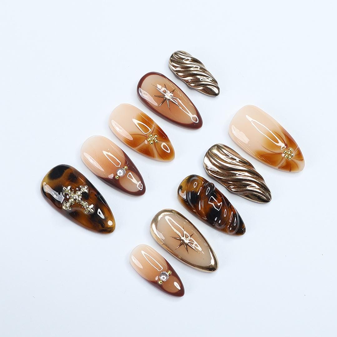 Fall Tortoiseshell and Gold Starburst Press On Nails with Raised Metallic Accents