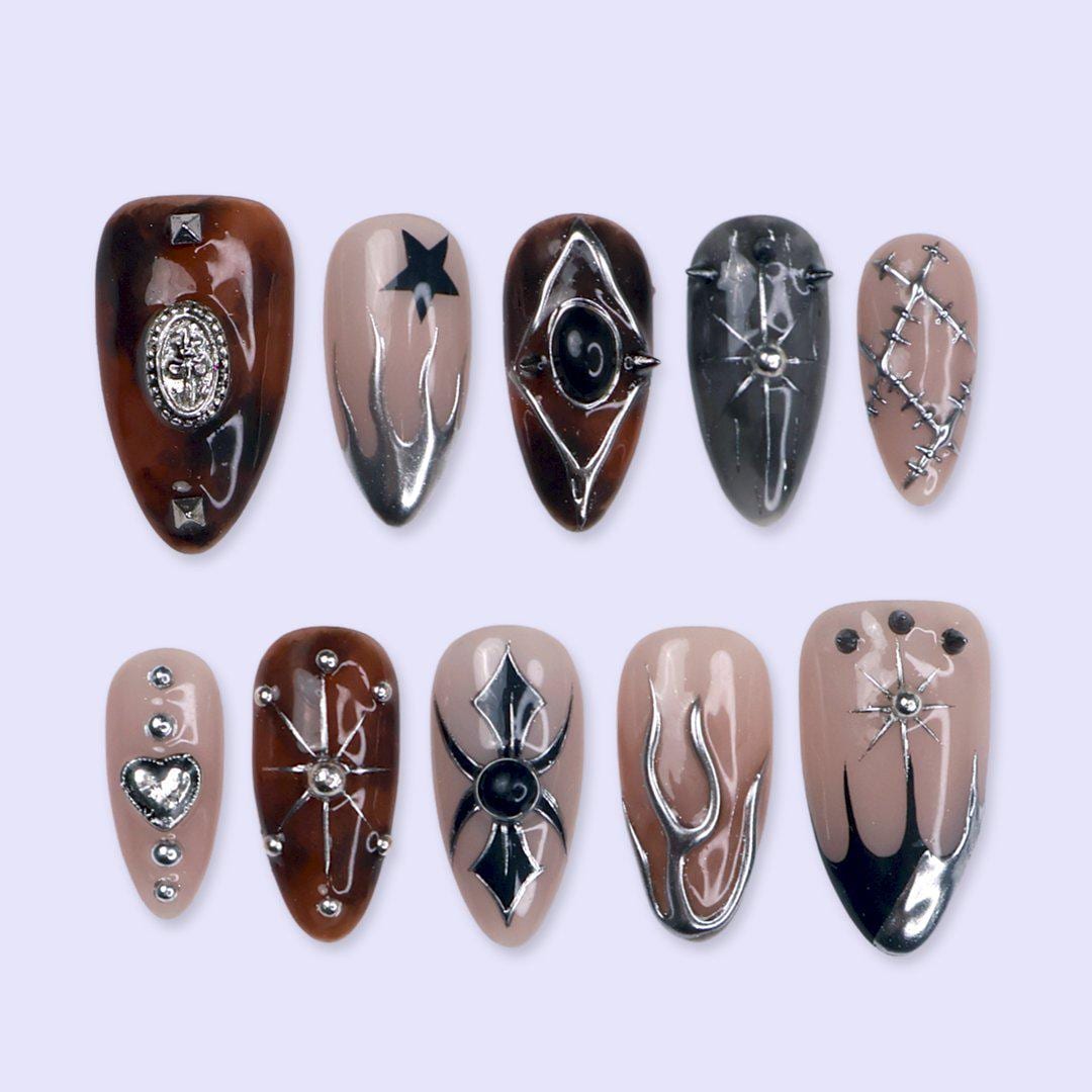 Halloween Gothic Chrome Star and Gem Press On Nails