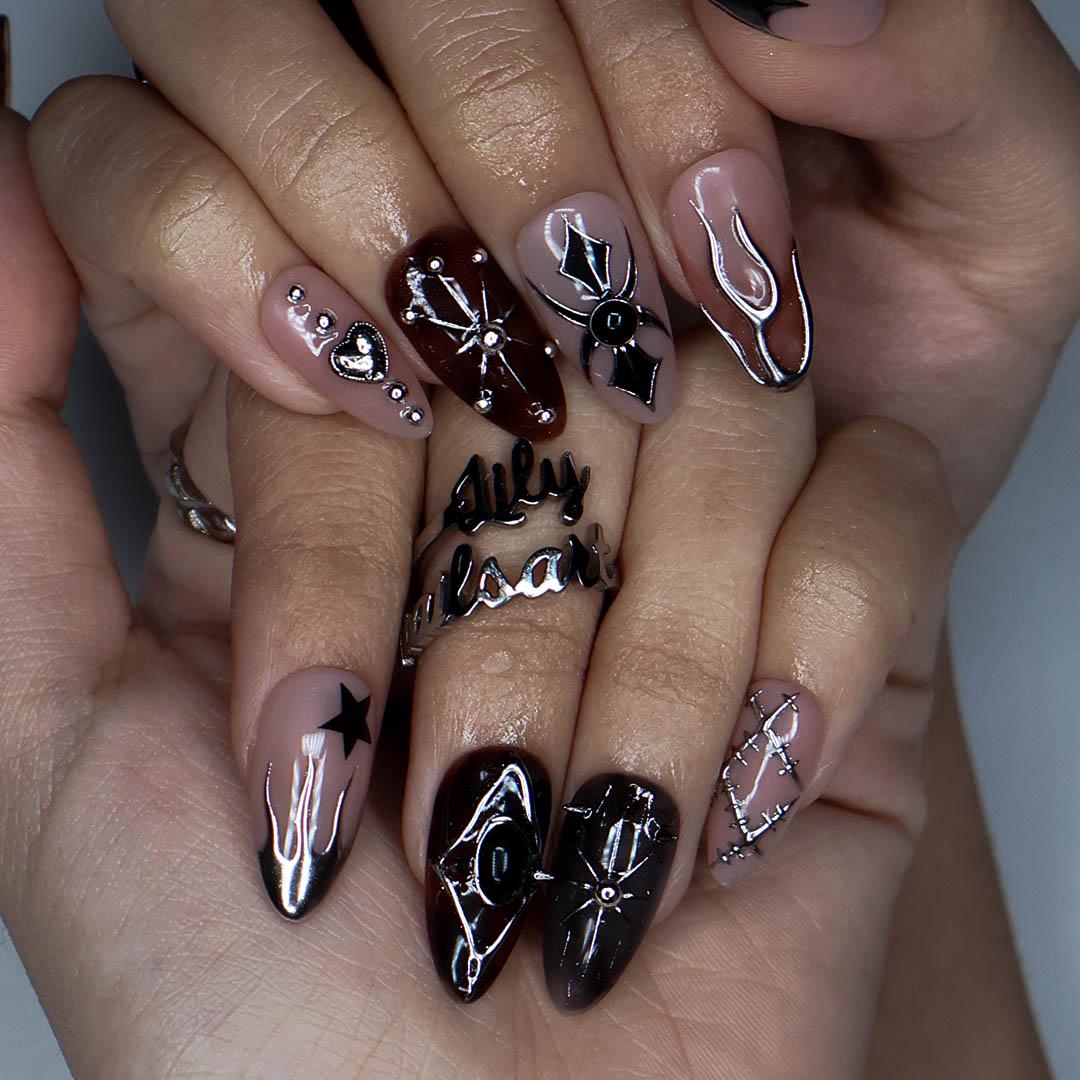 Halloween Gothic Chrome Star and Gem Press On Nails