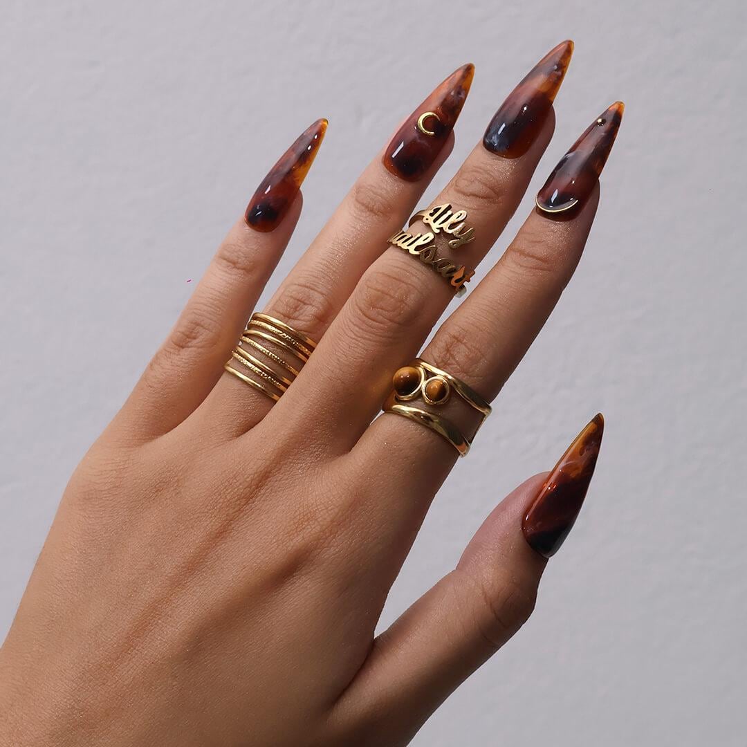 Glossy Tortoiseshell Press On Nails with Gold Crescent Accents