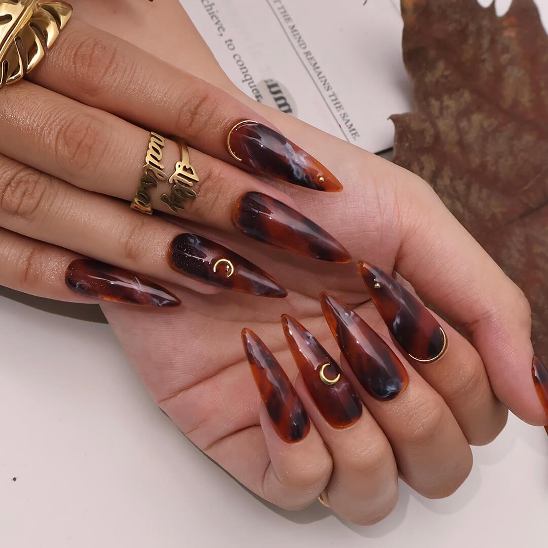Glossy Tortoiseshell Press On Nails with Gold Crescent Accents