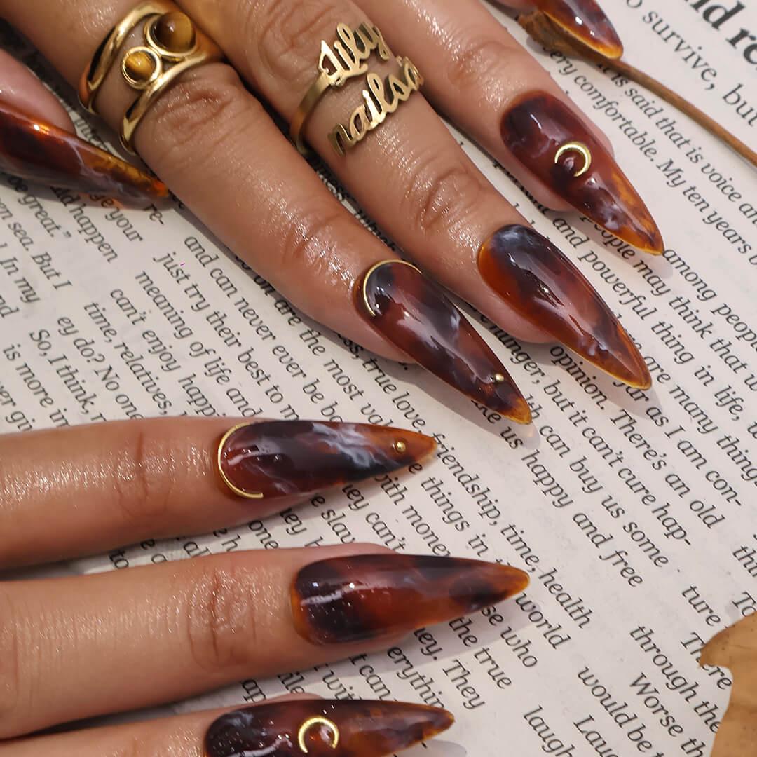 Glossy Tortoiseshell Press On Nails with Gold Crescent Accents