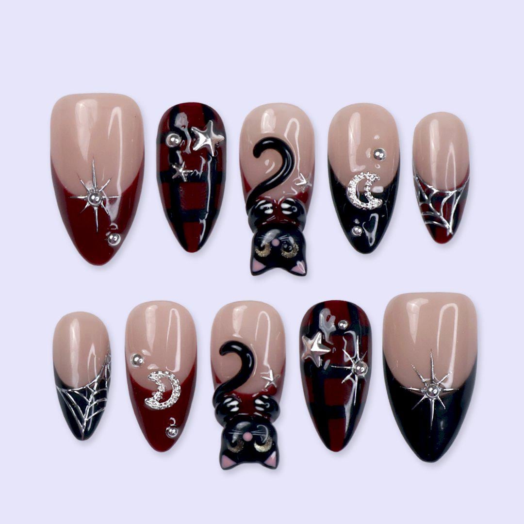 Burgundy and Black Cat Halloween Press-On Nails With Silver Moons and Spiderwebs