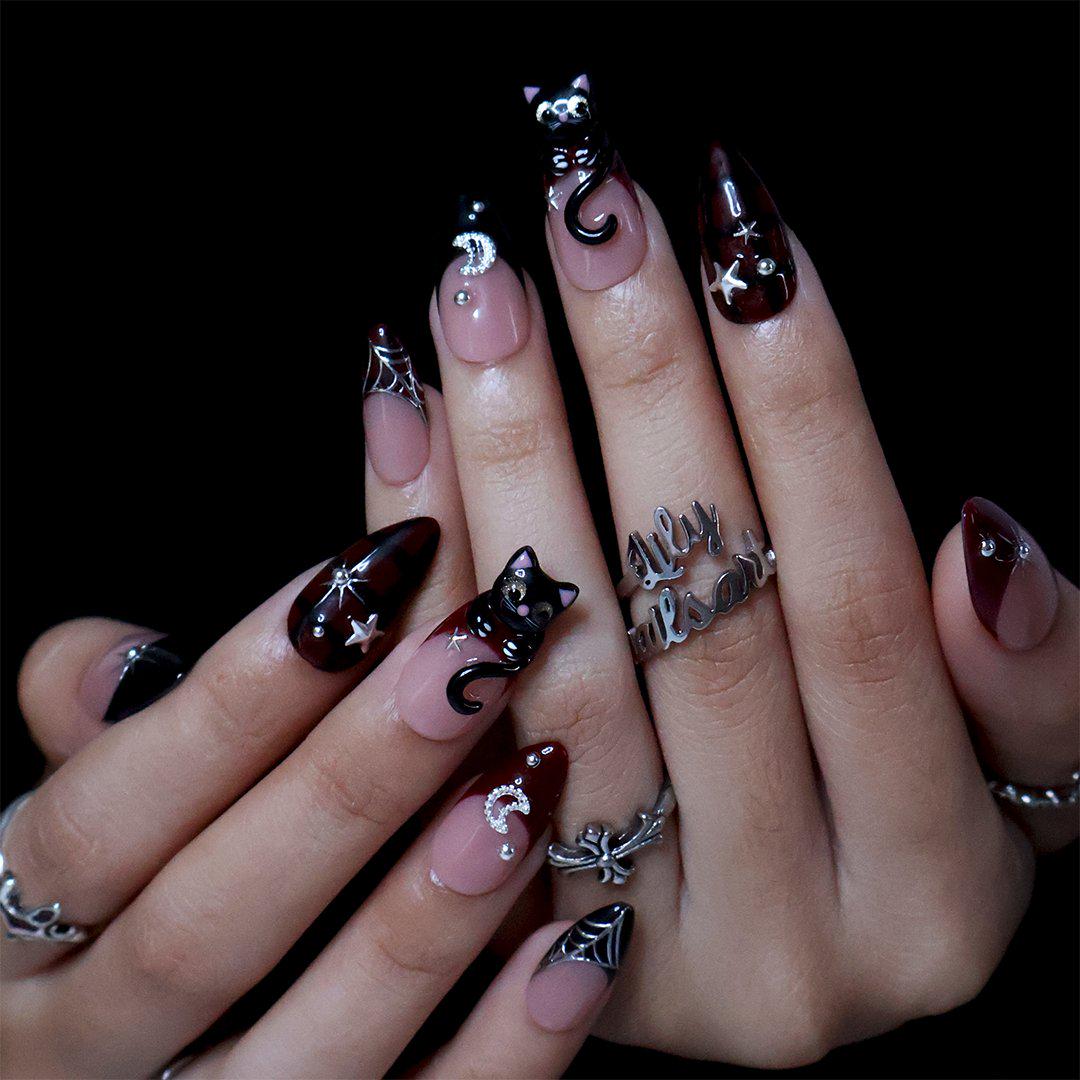 Burgundy and Black Cat Halloween Press-On Nails With Silver Moons and Spiderwebs