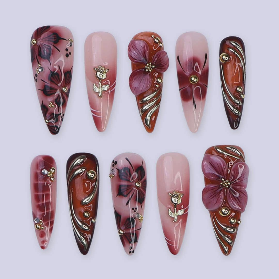 Autumn Burgundy and Blush Floral Press On Nails with Gold and Silver Accents