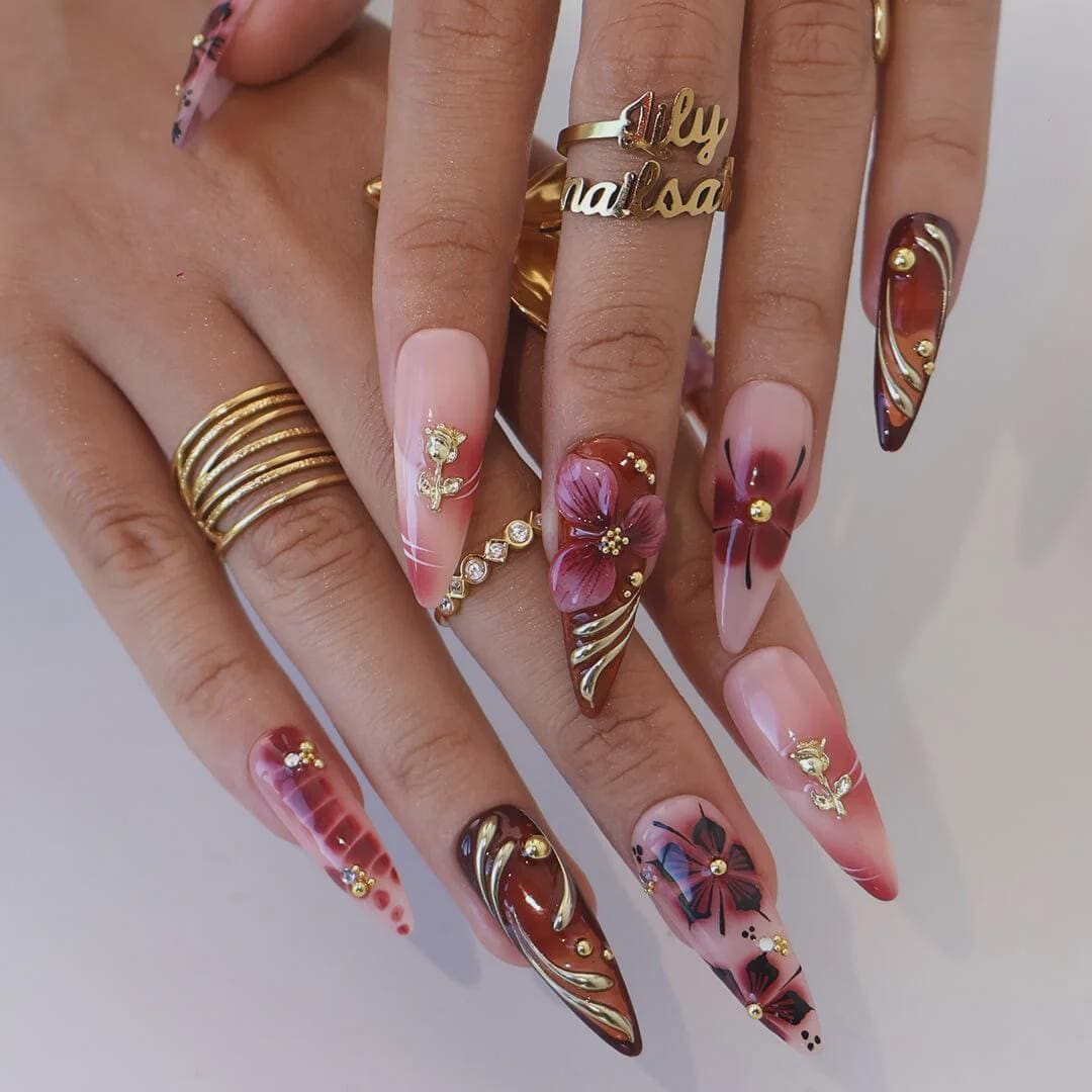Autumn Burgundy and Blush Floral Press On Nails with Gold and Silver Accents