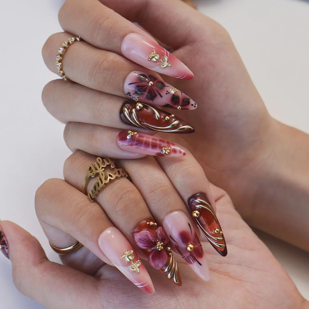 Autumn Burgundy and Blush Floral Press On Nails with Gold and Silver Accents