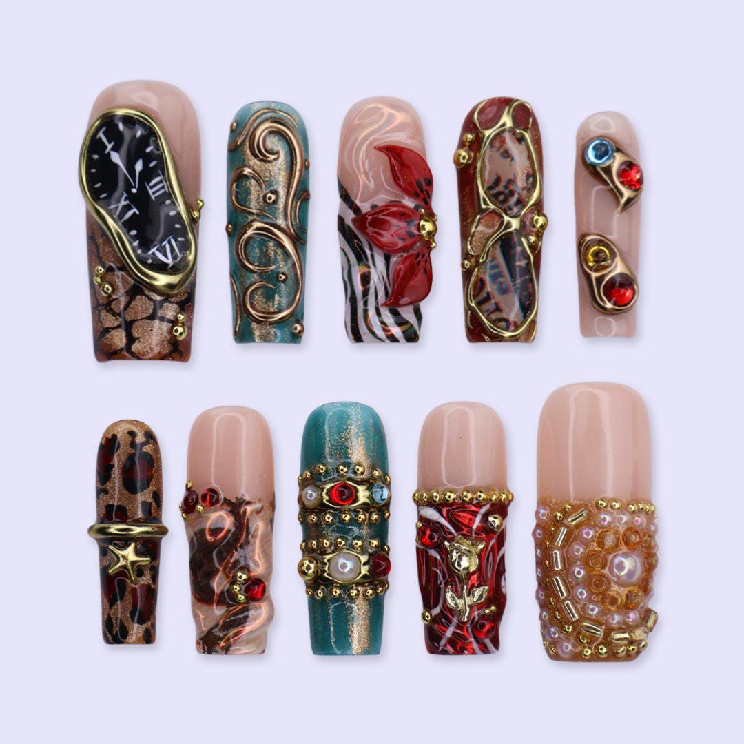 Baroque Leopard and Floral Nail Set With Clock Motif, Gold Filigree and Gem Details