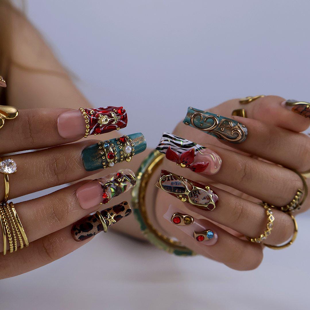 Baroque Leopard and Floral Nail Set With Clock Motif, Gold Filigree and Gem Details