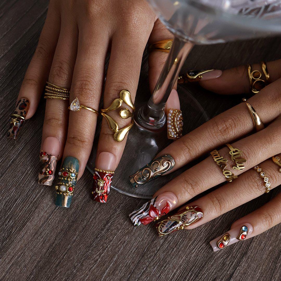 Baroque Leopard and Floral Nail Set With Clock Motif, Gold Filigree and Gem Details