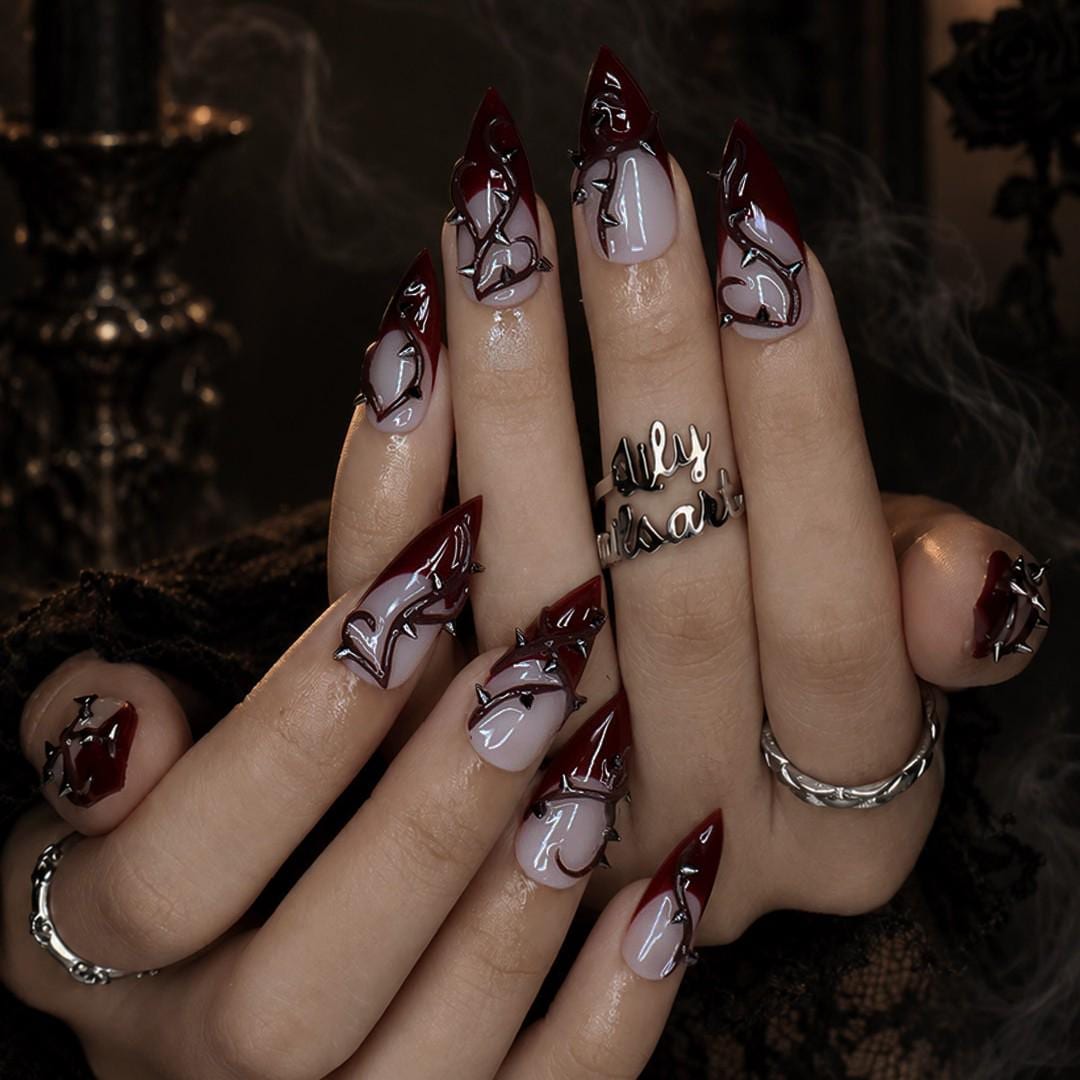Halloween Burgundy French Tip Nails With Raised Metallic Thorn Details