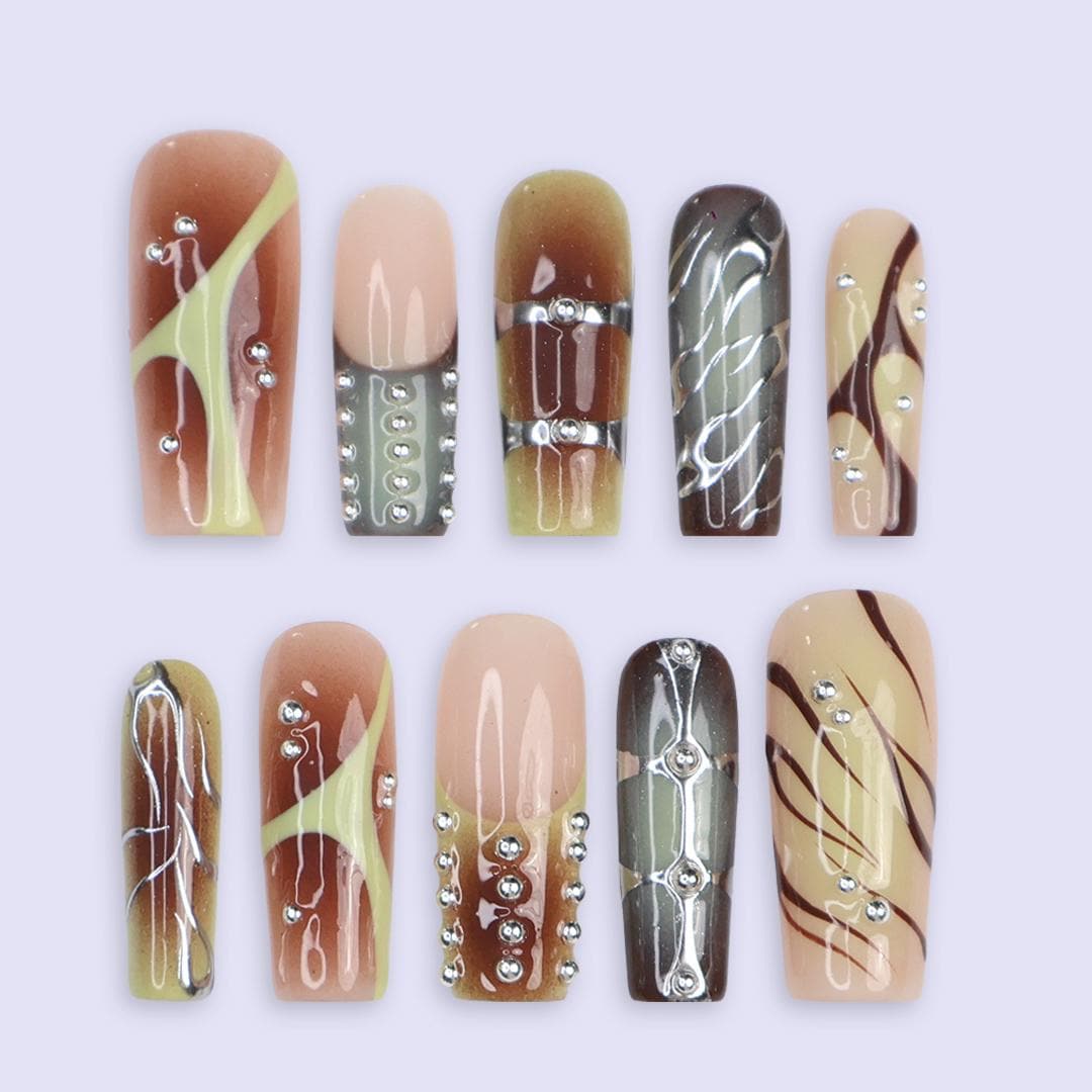 Earth Tone Abstract Swirl Press On Nails With Silver Rhinestones