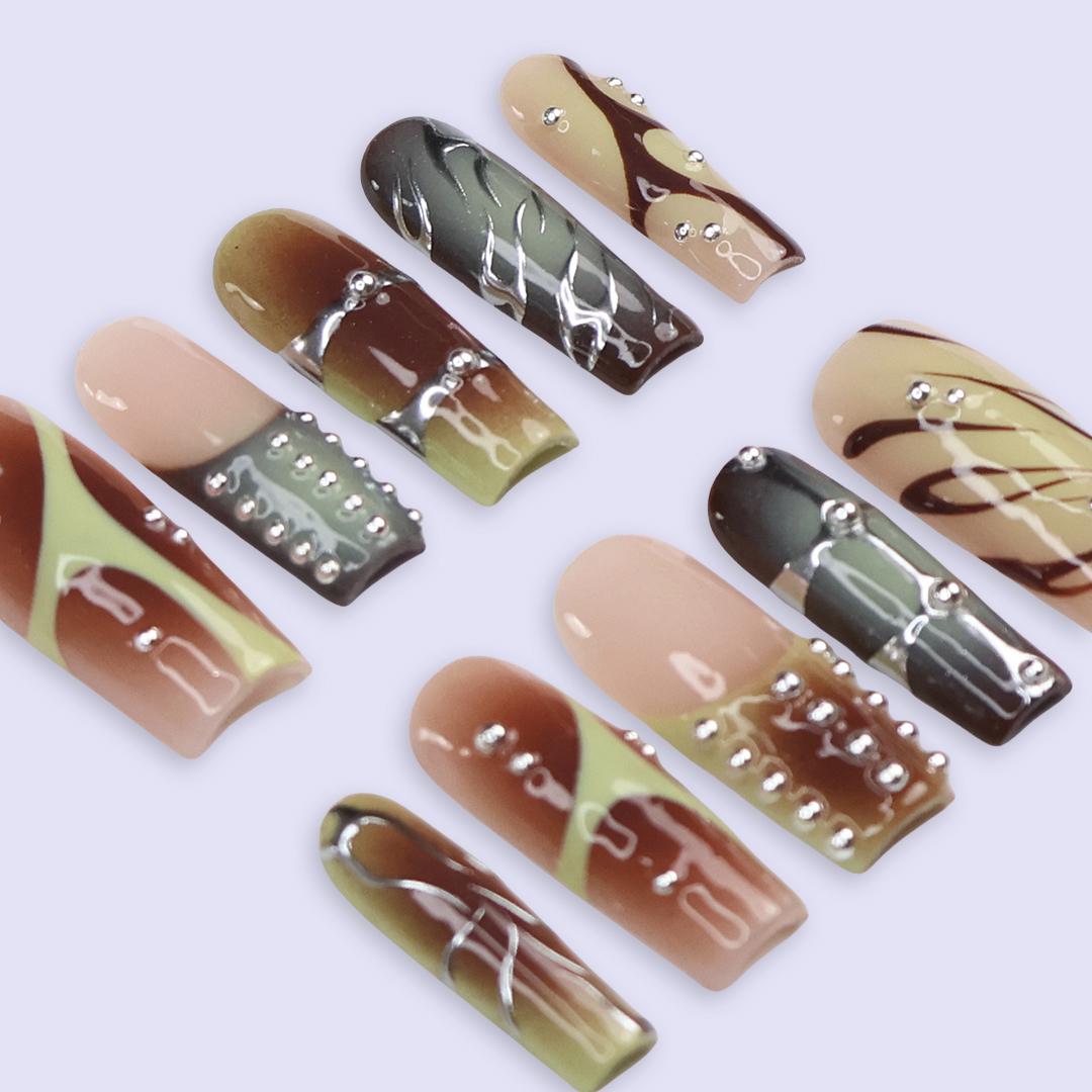 Earth Tone Abstract Swirl Press On Nails With Silver Rhinestones