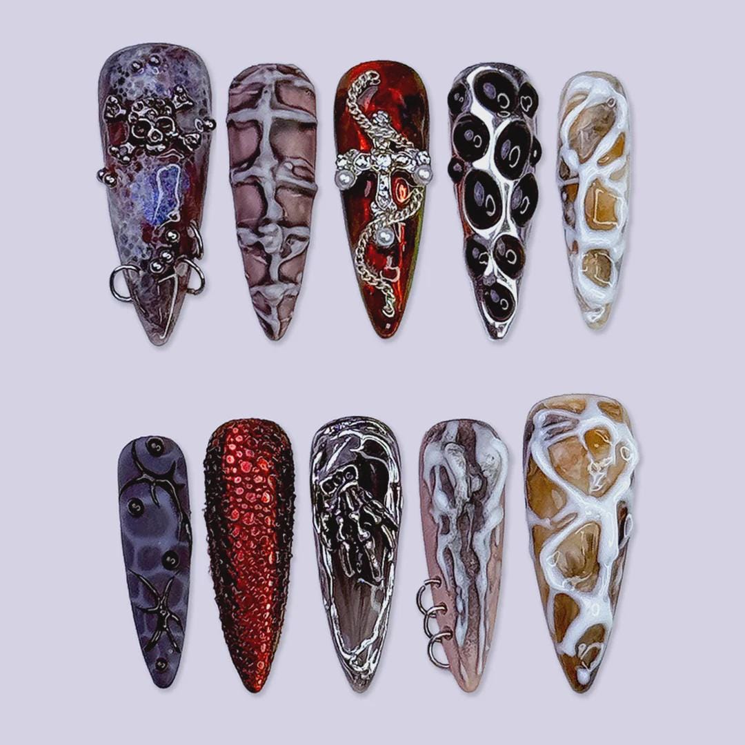 Gothic Halloween Nail Set With Silver Snake Charm, Rhinestones & Bone-Inspired Marbling