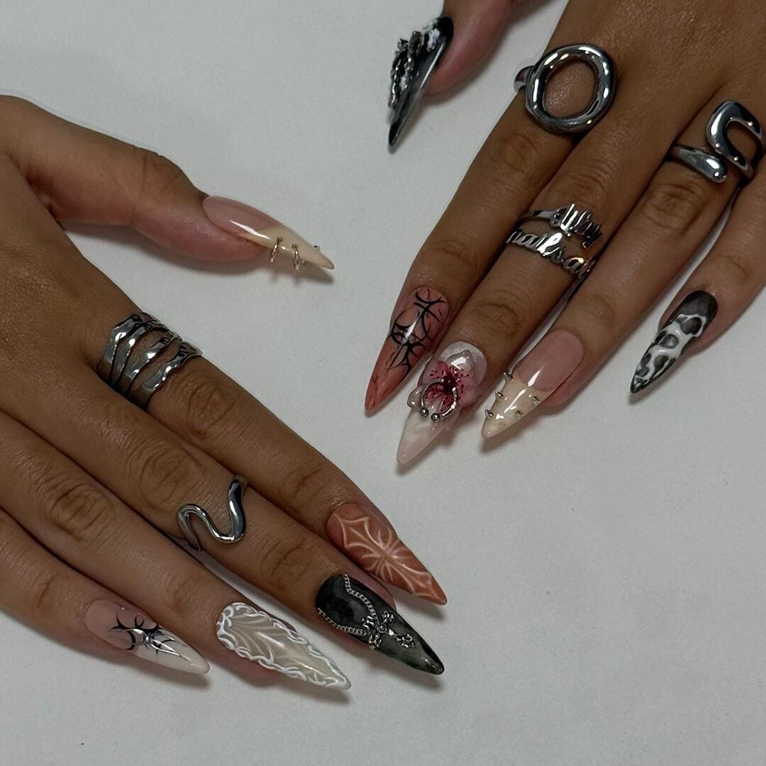Halloween Gothic Floral Press On Nails with Web Lines, Spikes and Chain Details
