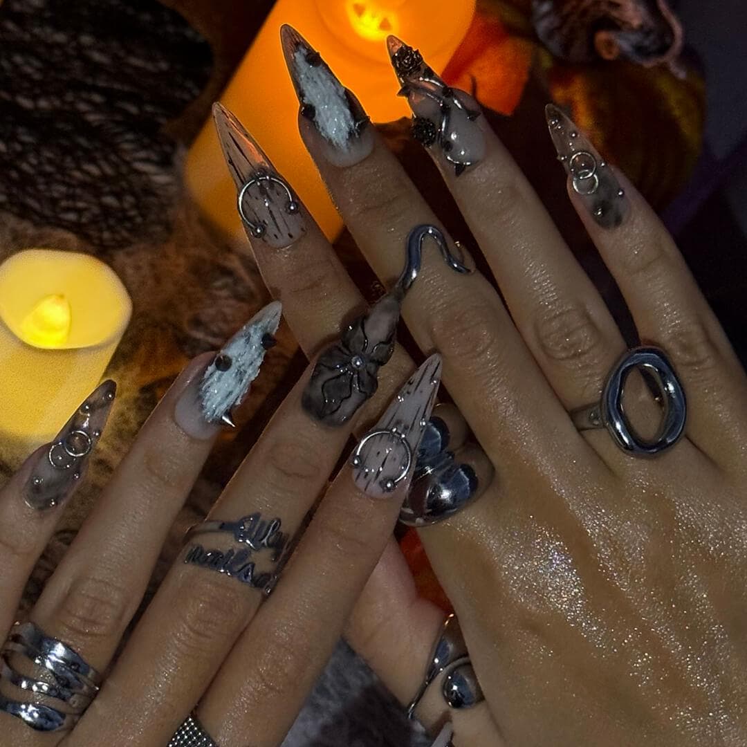 Gothic Halloween Press On Nails With Black Roses, Silver Rings and Spikes