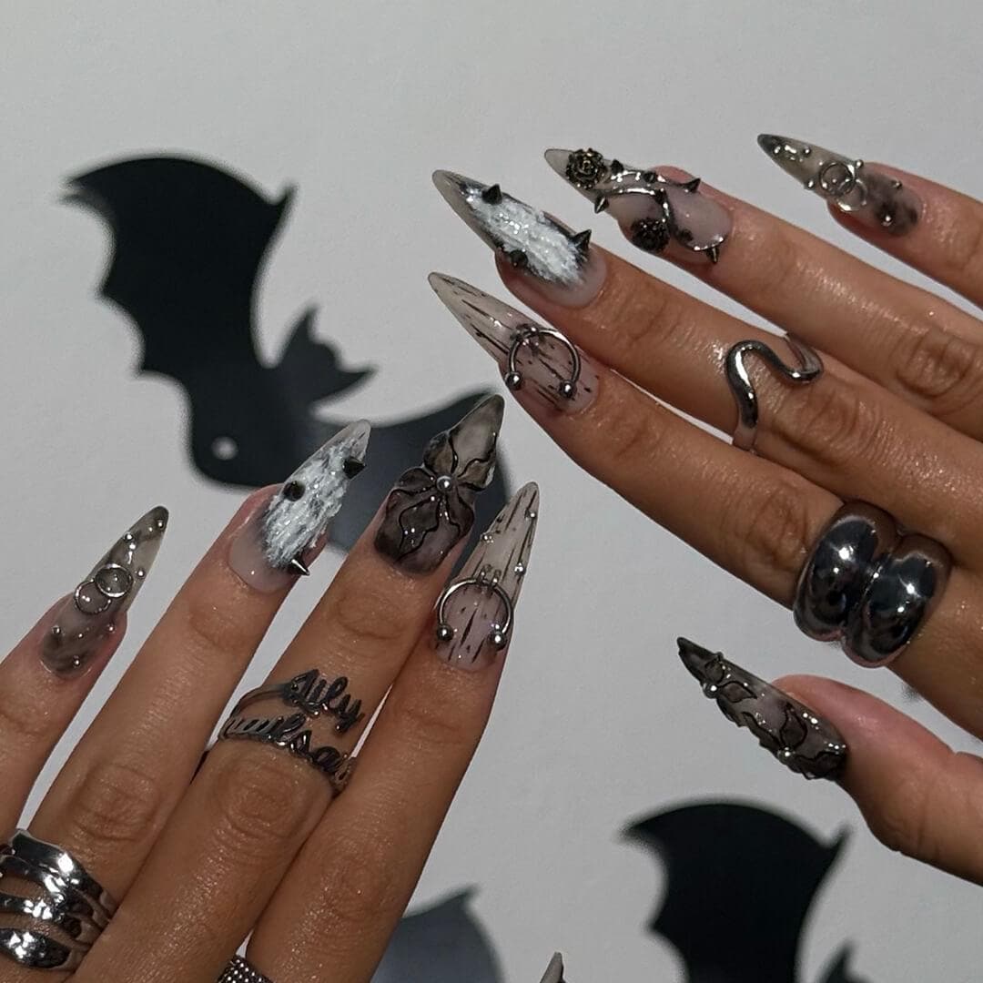 Gothic Halloween Press On Nails With Black Roses, Silver Rings and Spikes