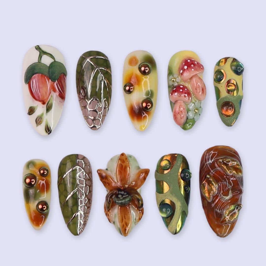 Autumn Woodland Press-On Nails with Sculpted Mushrooms, Foliage & Floral Accents
