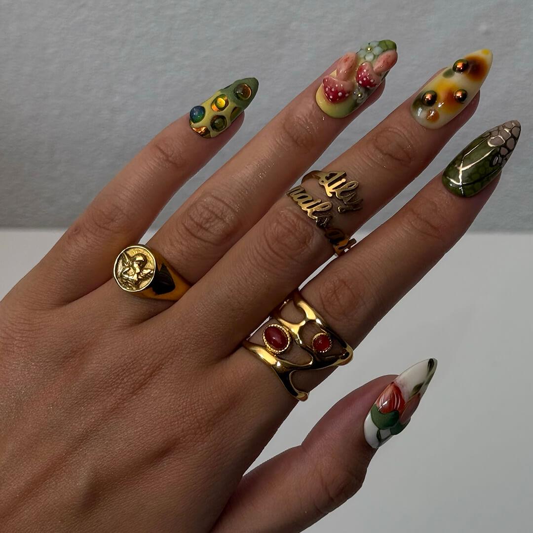 Autumn Woodland Press-On Nails with Sculpted Mushrooms, Foliage & Floral Accents