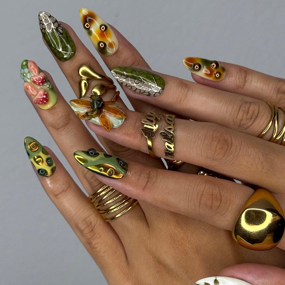 Autumn Woodland Press-On Nails with Sculpted Mushrooms, Foliage & Floral Accents