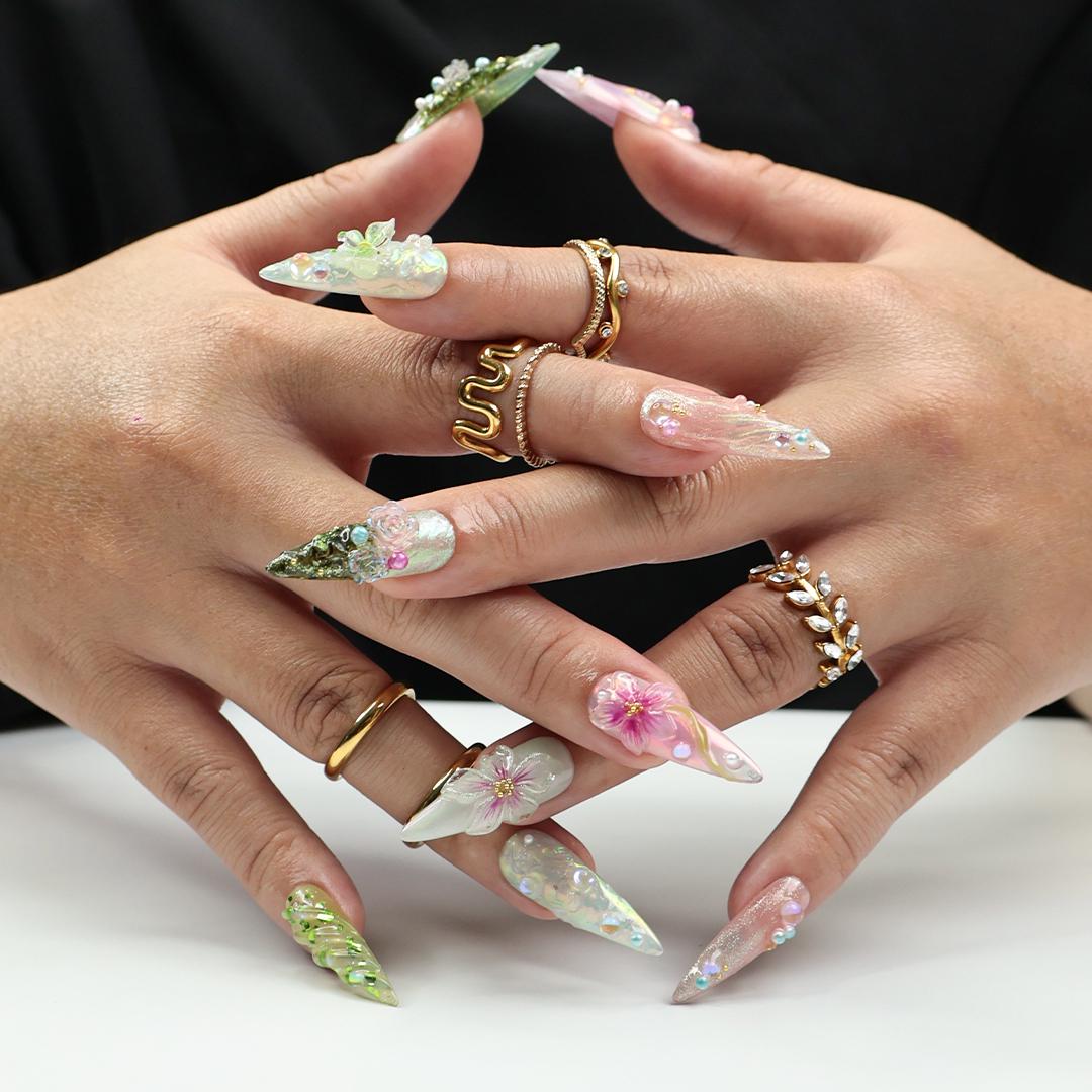 Whimsical Garden Floral Press On Nails With Raised Roses, Butterfly Details and Gems