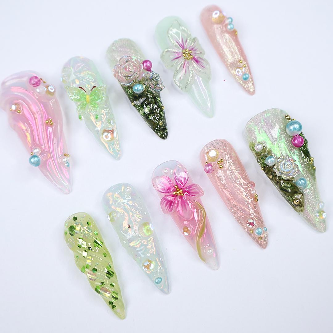 Whimsical Garden Floral Press On Nails With Raised Roses, Butterfly Details and Gems