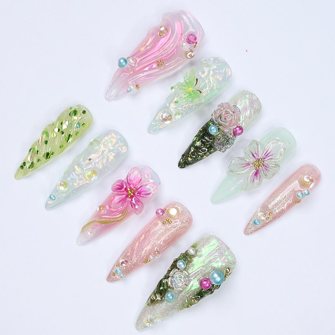 Whimsical Garden Floral Press On Nails With Raised Roses, Butterfly Details and Gems