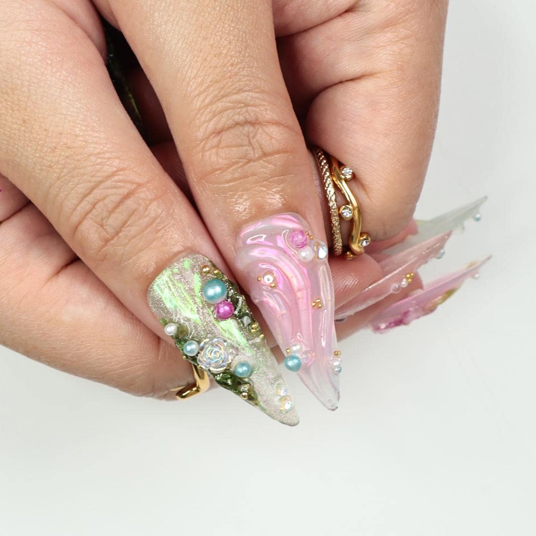 Whimsical Garden Floral Press On Nails With Raised Roses, Butterfly Details and Gems