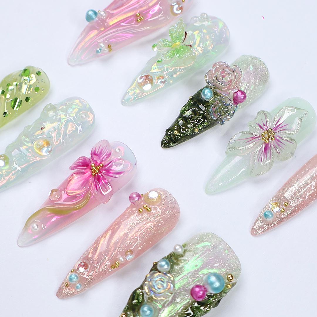 Whimsical Garden Floral Press On Nails With Raised Roses, Butterfly Details and Gems