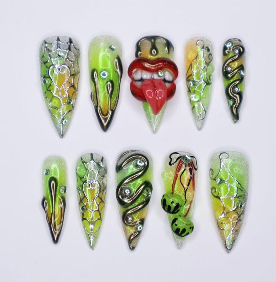Halloween Lime Green 3D Press On Nails with Red Mouth, Snake Details and Web Patterns