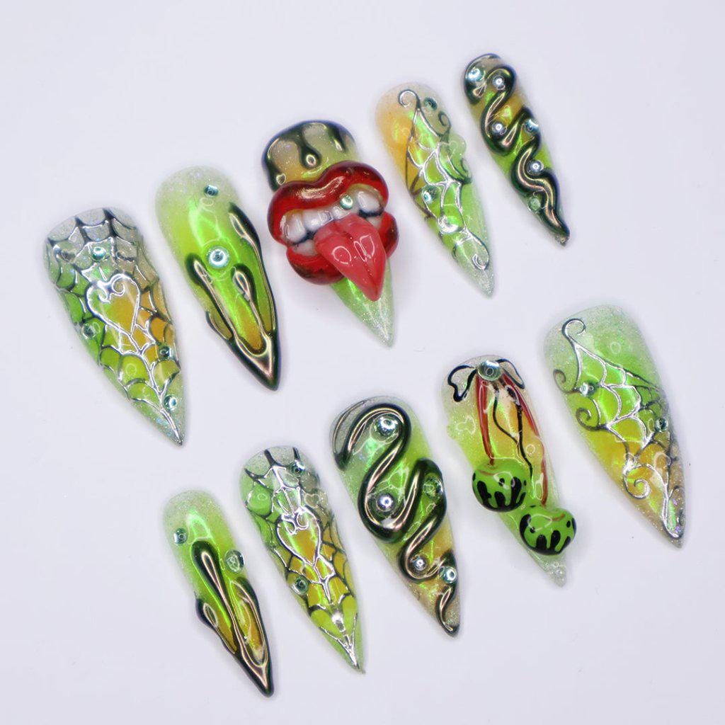 Halloween Lime Green 3D Press On Nails with Red Mouth, Snake Details and Web Patterns