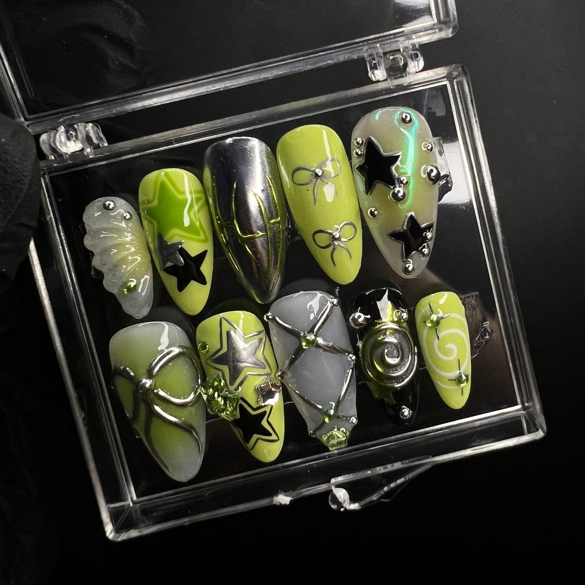 Lime Green and Smoky Gray Chrome Nails with 3D Bows, Stars and Rhinestones